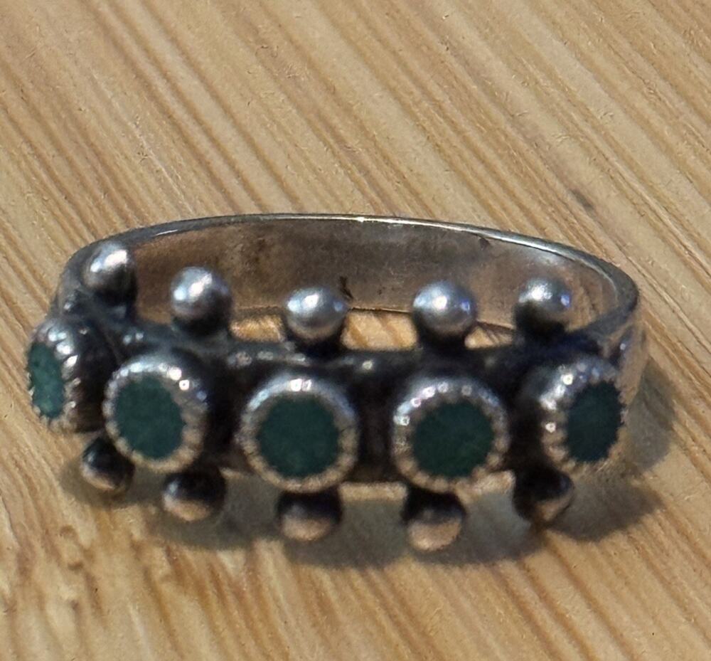 Vintage Sterling Navajo Sterling Green Turquoise Snake Eye Beaded 925 Ring Sz 6